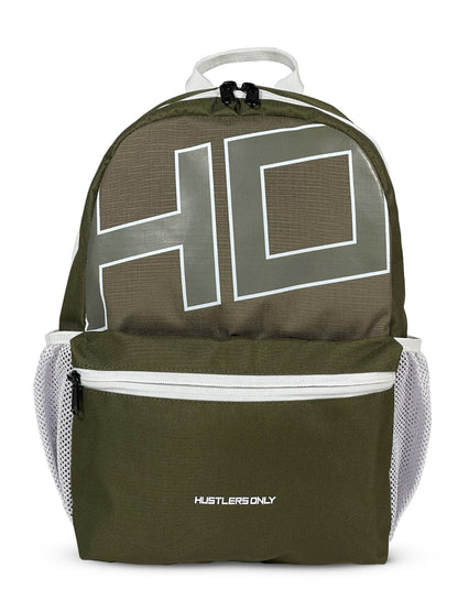Man wearing Hustlers Only olive green gym backpack with adjustable shoulder straps