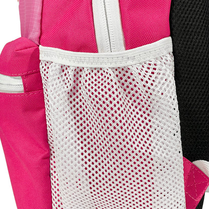Side view of Active Mini Backpack in pink showing dual water bottle holders