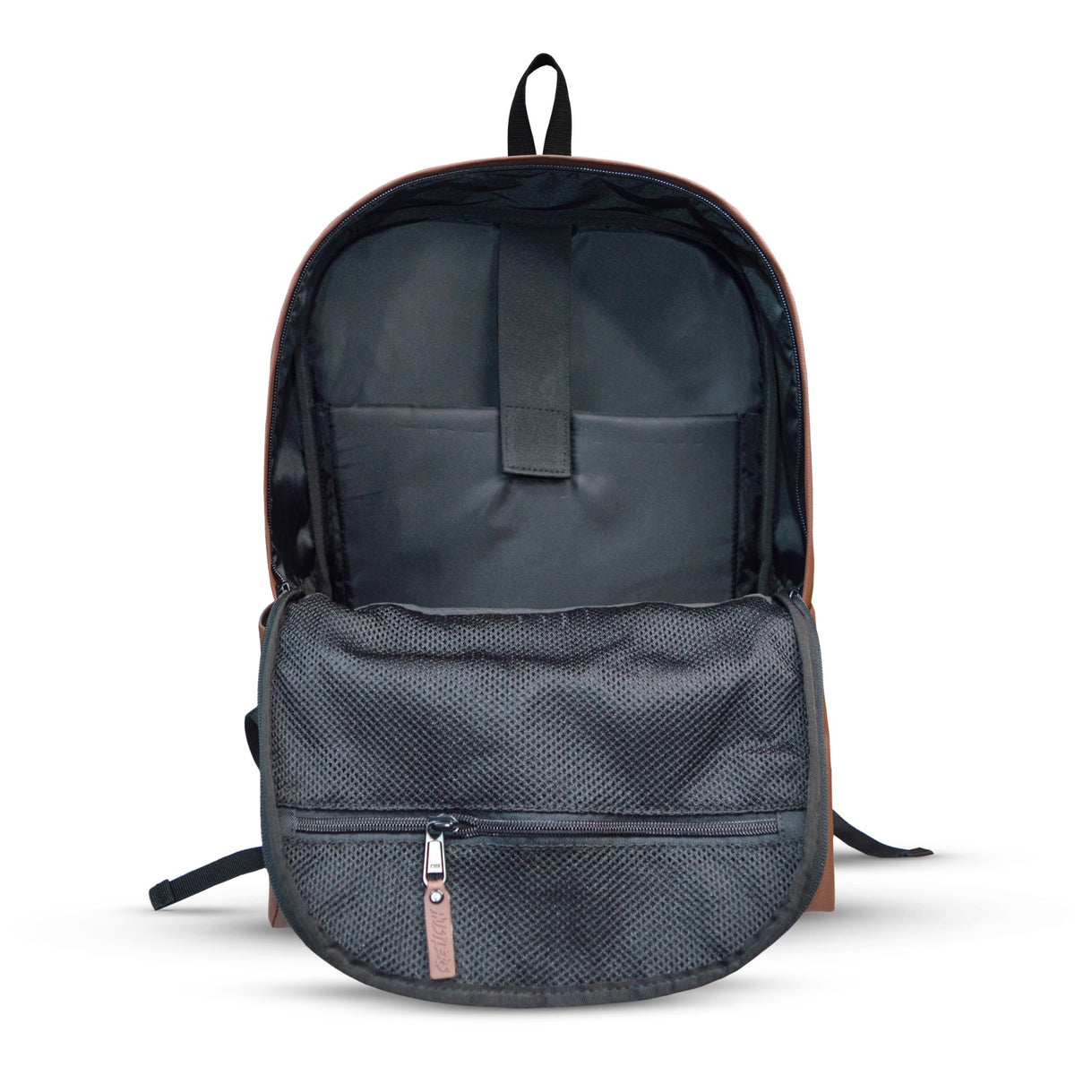 Close-up of Hustlehead brown PU leather backpack showing exterior texture and stitching