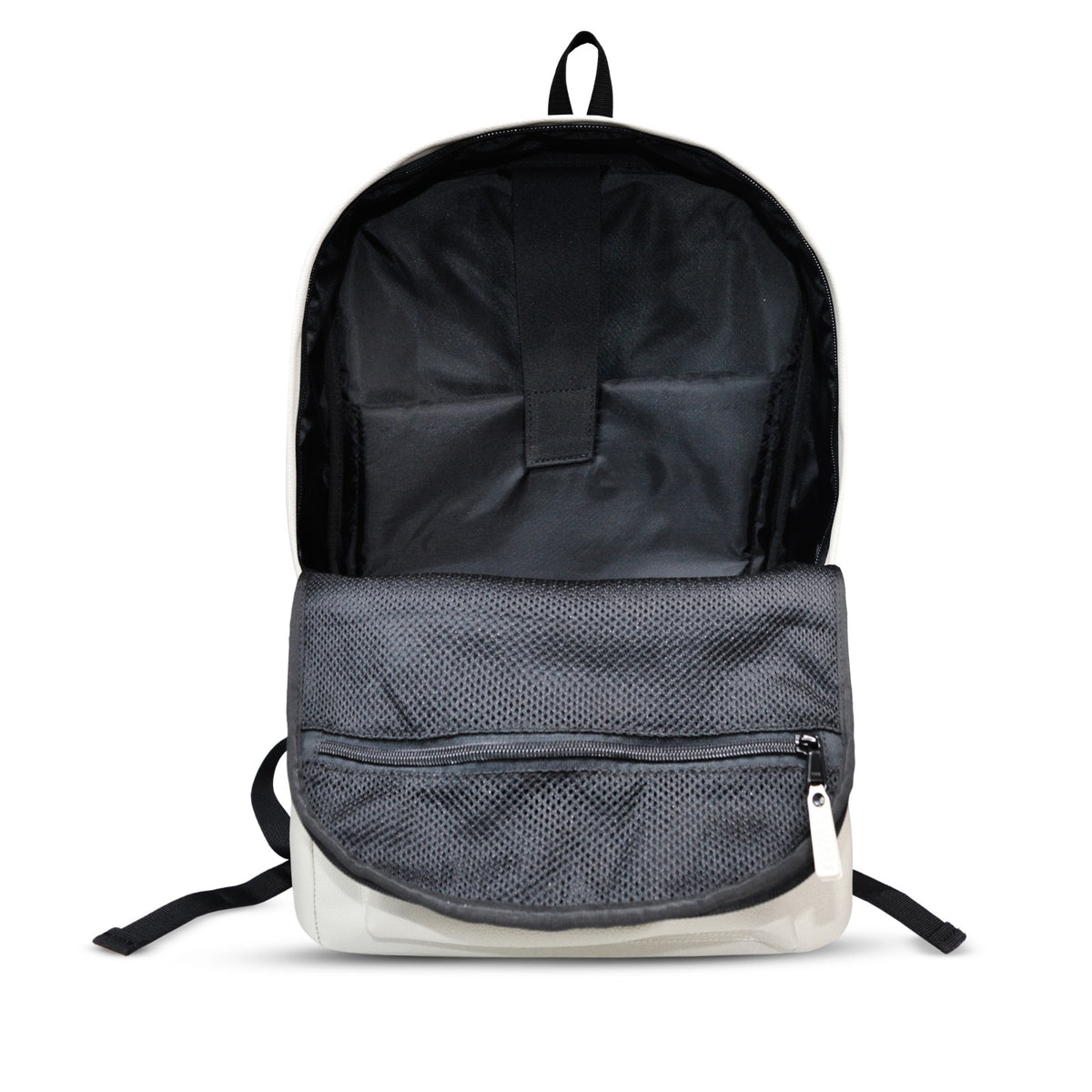 Stylish cream Hustlehead backpack with a clean exterior and subtle embroidered branding